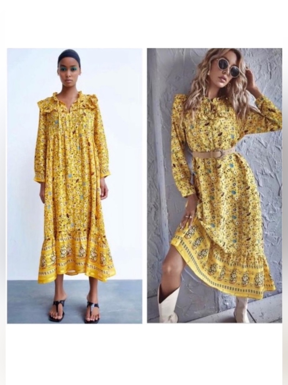 Zara Yellow Floral Ruffle-Neck Maxi Dress Size XS - Picture 13 of 13